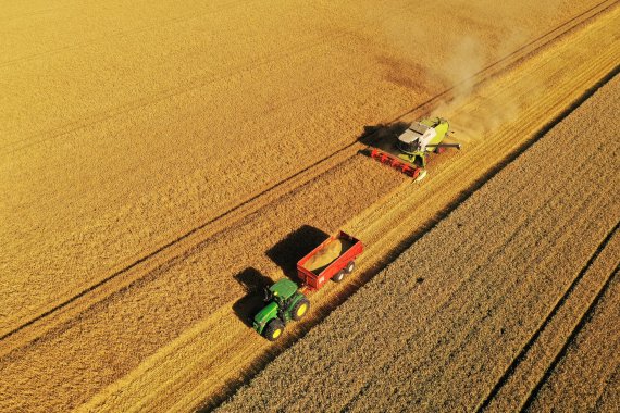 곡물, 에너지 등 주요 상품 가격이 하락하고 있어 인플레이션이 정점을 찍고 하강하고 있다는 분석에 힘이 실리고 있다. 4일(현지시간) 프랑스 북부 에트리쿠-마낭쿠르의 보리밭에서 한 농민이 보리를 수확하고 있다. 로이터뉴스1