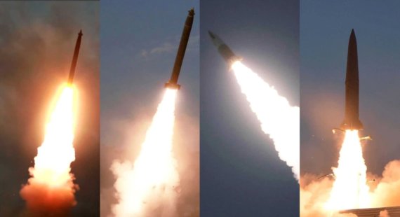 북한 매체가 신형 무기 실험이라고 주장하며 공개한 사진들. 왼쪽부터 신형대구경조정포, 초대형방사포(KN-25), 북한판 에이태킴스(KN-24), 북한판 이스칸데르(KN-23). 자료&#x3D;미국의소리(VOA) 홈페이지 캡처