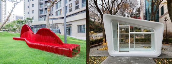 단지·주택 시공자동화 부문에서 혁신상을 수상한 현대건설의 3D프린팅 기술로 제작한 옥외용 벤치(왼쪽)와 3D프린팅 비정형 거푸집으로 제작한 콘크리트 구조물. 현대건설 제공 