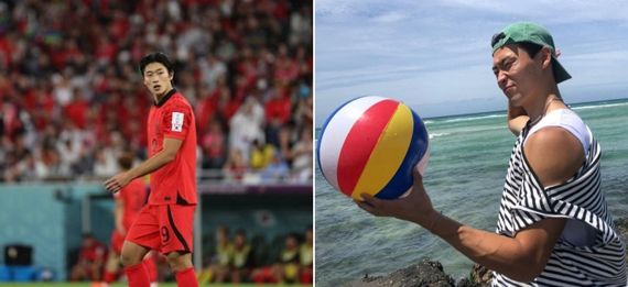 (왼) 우루과이전에서 월드컵 데뷔전을 치른 조규성. 사진&#x3D;뉴스1, (오) 조규성 SNS 캡처