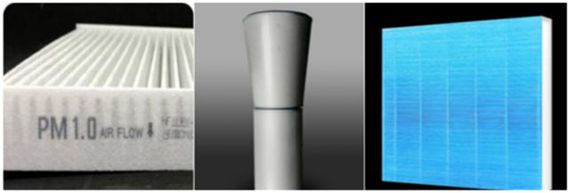 케이앤케이가 생산하는 에어 필터 소재 제품. (왼쪽부터 차량용 캐빈필터, 가스터빈용 필터,공기청정기용 항균 및 향바이러스 필터).