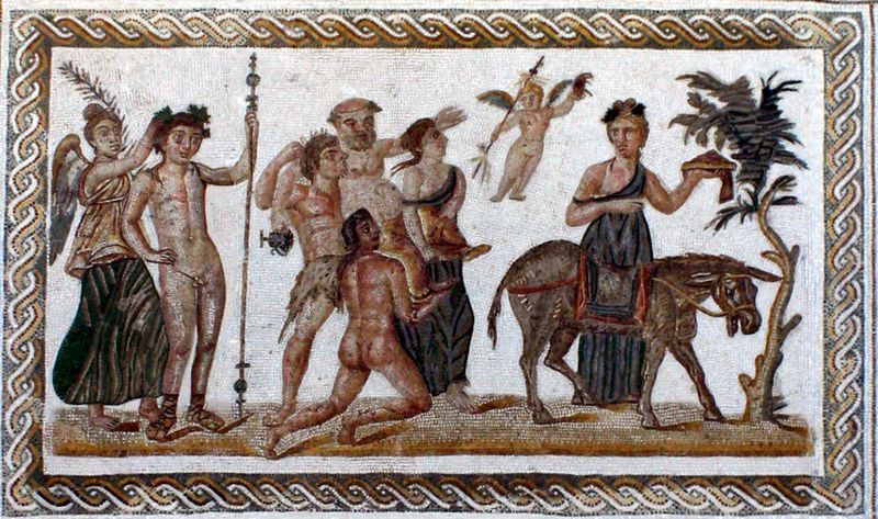당나귀에 실려가는 실레누스. 튀니지에서 제작된 모자이크 타일.