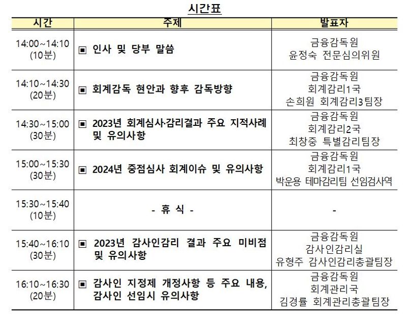 외부감사인 대상 '2023년 회계현안 설명회' 일정 / 사진=금융감독원 제공