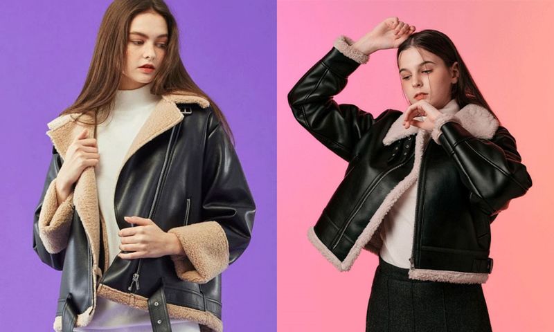 콜릿의 '오버핏 무스탕 플리스 자켓'(왼쪽), '블러드 셔링 양털 플리스 레더 무스탕 재킷'