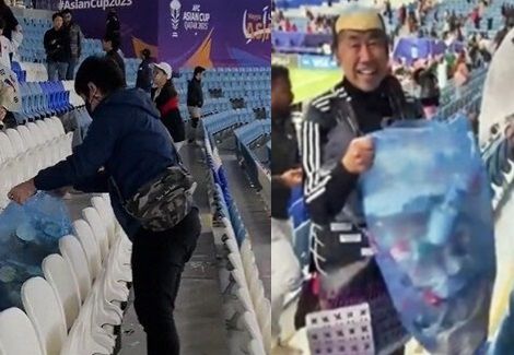 한국 축구 팬들이 오스트레일리아와의 경기가 끝난 뒤 알 자누브 스타디움의 관중석을 청소하고 있는 모습 &#x2F; SNS 갈무리