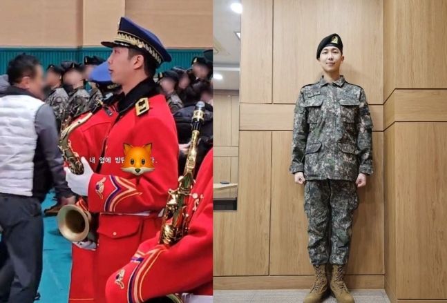 방탄소년단 RM이 군악대 제복(왼쪽)과 군복을 입은 모습. &#x2F;온라인 커뮤니티