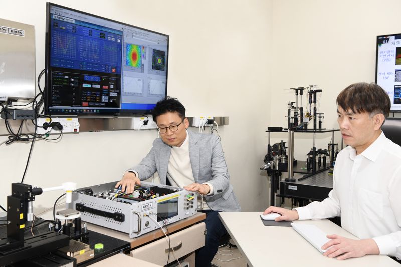 표준과학연구원 홍영표 박사(왼쪽)와 이동준 박사가 6G 안테나 측정시스템으로 시제품의 성능을 테스트하고 있다. 표준과학연구원 제공