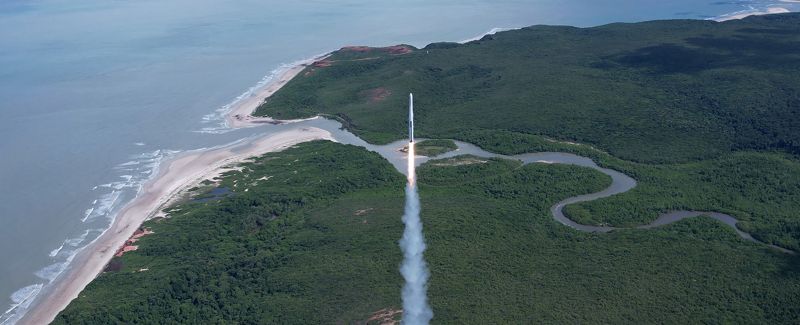 이노스페이스의 하이브리드 로켓 엔진을 적용한 비행성능 검증용 시험발사체 &#39;한빛-TLV&#39;가 지난 2023년 3월 브라질 알칸타라 우주센터에서 발사되고 있다. 이노스페이스 제공