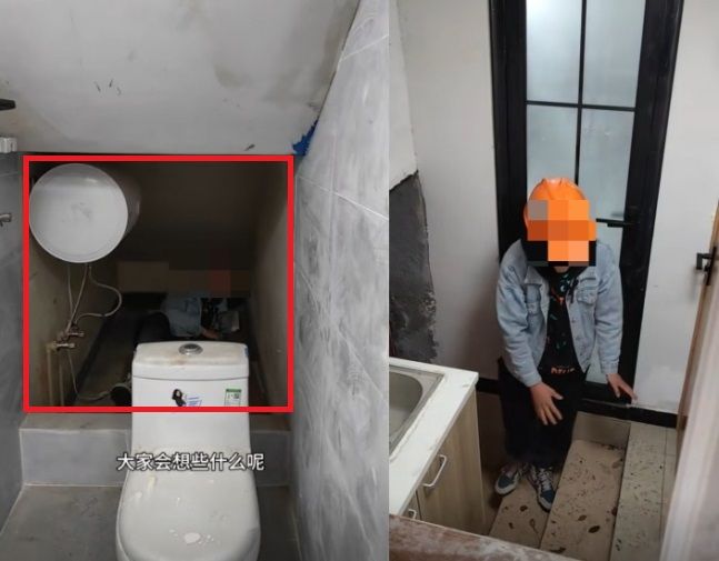 화장실 변기와 침대가 함께 있는 아파트가 중국 상하이의 비싼 임대료 문제를 재조명했다. 왼쪽 사진 붉은색 네모 부분이 침실이다.   사진&#x3D;더우인