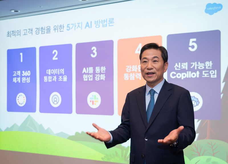 손부한 세일즈포스 코리아 대표가  18일 서울 강남 코엑스에서 열린 연례 IT 컨퍼런스 ‘월드투어 코리아 2024’에서 ‘AI 기반의 고객경험 혁신을 위한 5가지 방법론’에 대해 설명하고 있다. 세일즈포스 제공