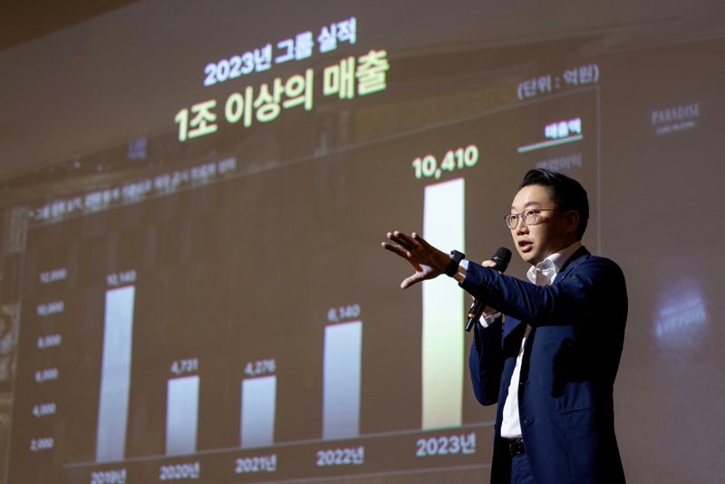 2일 인천 <span id='_stock_code_034230' data-stockcode='034230'>파라다이스</span>시티에서 열린 '파라다이스 미디어·IR 데이'에서 최종환 대표이사가 2023년도 성과 발표를 하고 있다. 파라다이스그룹 제공