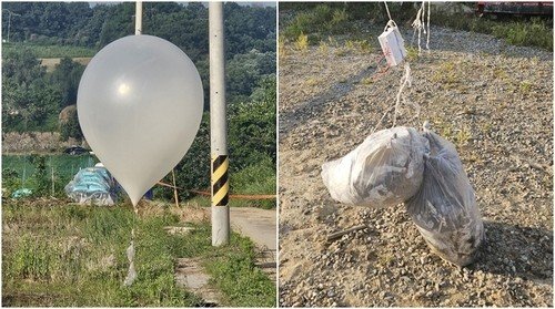 북한이 보낸 대남 전단 살포용 풍선의 잔해로 추정되는 물체가 경기 파주시와 동두천시에서 발견되고 있다. 지난 5월 29일 오전 파주시에서 발견된 풍선 잔해. 사진&#x3D;독자제공·연합뉴스