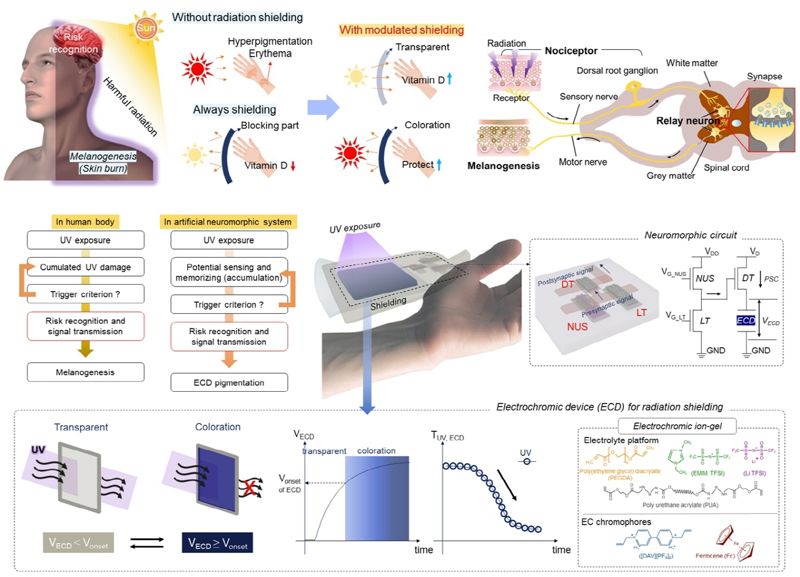 뉴로모픽 전자 피부의 구조와 자외선 차단 메커니즘. 중앙대 제공 