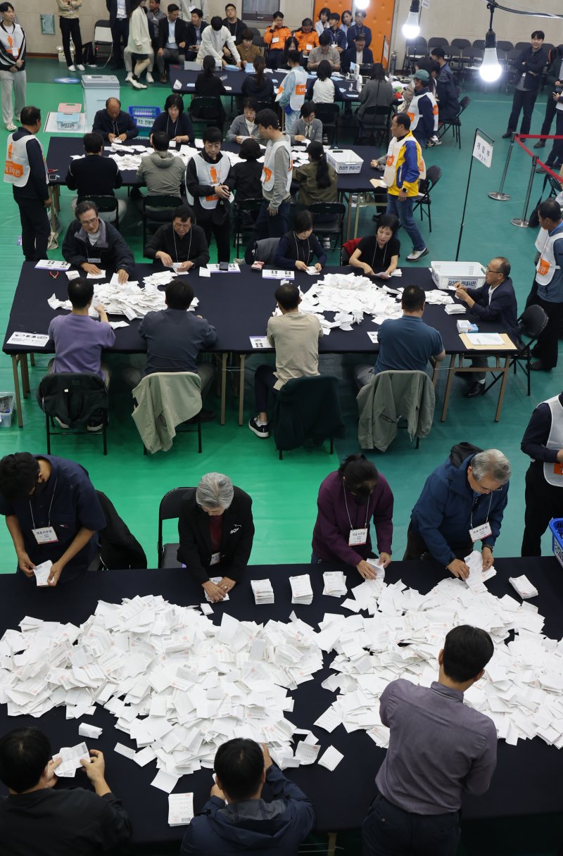 강화군수 보궐선거 개표가 시작된 16일 오후 인천 강화군 강화읍 강화문예회관에서 선거 사무원들이 개표 작업을 하고 있다. 뉴시스