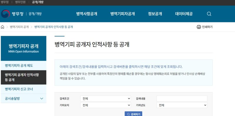 병무청은 지난 2021년 12월 16일 병무청 홈페이지에 병멱기피 공개자 인적사항 등을 공개했다. 사진=병무청 누리집 캡처&middot;뉴시스