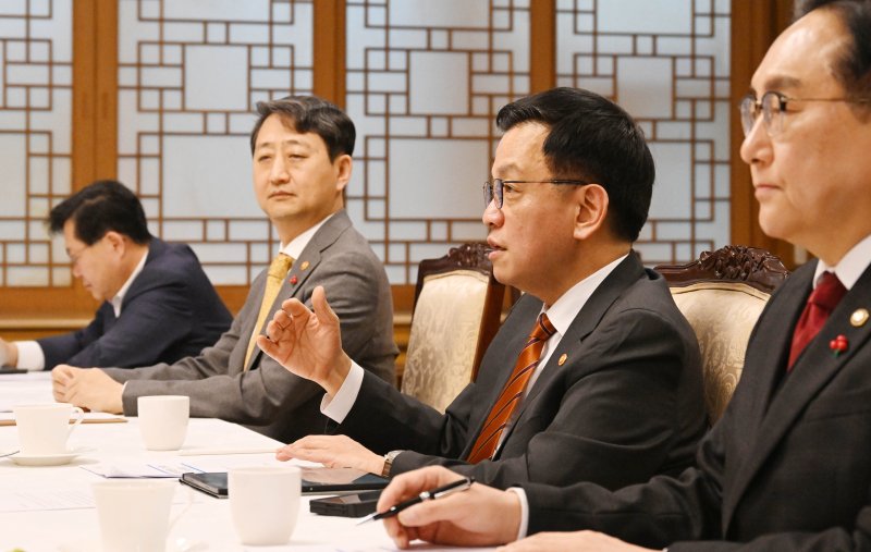 최상목 대통령 권한대행 부총리 겸 기획재정부 장관(오른쪽 두번째)이 13일 정부서울청사에서 대외경제현안간담회를 진행하고 있다. 기재부 제공