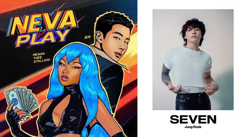 방탄소년단 RM이 피처링으로 참여한 '네바 플레이(Neva play)' 커버 이미지, 정국 솔로 싱글 '세븐(Seven)' 콘셉트 사진(왼쪽부터). 빅히트 뮤직 제공