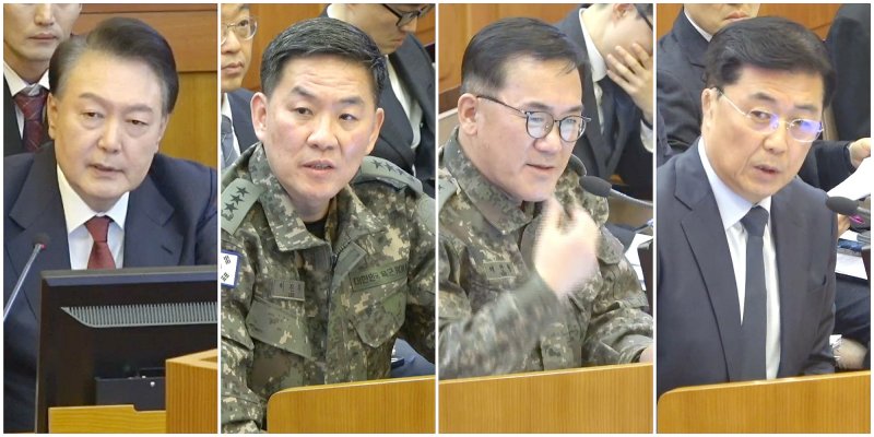 지난 4일 서울 종로구 헌법재판소에서 열린 윤석열 대통령 탄핵심판 5차 변론기일에서 윤 대통령을 비롯한 증인들이 각각 발언하고 있다. 왼쪽부터 윤 대통령, 이진우 전 육군 수도방위사령관, 여인형 전 국군방첩사령관, 홍장원 전 국가정보원 1차장. (헌법재판소 제공) 2025.2.4&#x2F;사진&#x3D;뉴스1화상