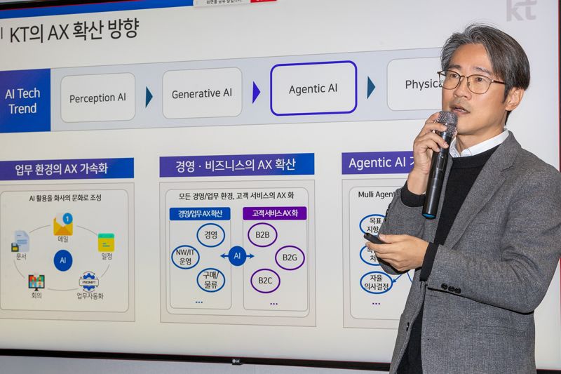 KT 정명호 기술혁신부문 상무가 11일 서울 광화문 KT 본사에서 열린 기자설명회에서 발언하고 있다. KT 제공
