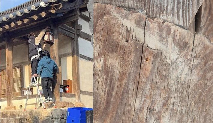 지난해 12월 30일 KBS2 새 드라마 ‘남주의 첫날밤을 가져버렸다’ 제작진이 유네스코 세계문화유산인 경북 안동 병산<span id='_stock_code_021050' data-stockcode='021050'>서원</span> 만대루에 못을 박고 있다(왼쪽). 오른쪽 사진은 지난달 2일 오후 병산서원 만대루 나무 기둥에서 발견된 두께 2∼3㎜, 깊이 약 1㎝의 못자국. 출처=페이스북, 연합뉴스