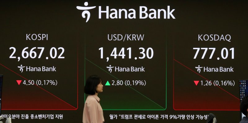 20일 오전 서울 중구 하나은행 딜링룸 전광판에 지수가 표시되고 있다. 뉴시스 제공
