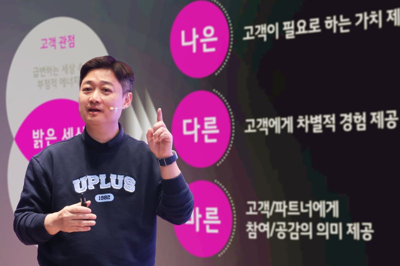 LG유플러스 홍범식 사장이 지난 10일 서울 용산사옥에서 취임 100일을 맞아 개최한 타운홀미팅에서 발언하고 있다. LG유플러스 제공
