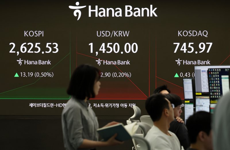 코스피가 전 거래일(2612.34)보다 1.14포인트(0.04%) 오른 2613.48에 출발한 19일 오전 서울 중구 하나은행 딜링룸 전광판에 지수가 표시되고 있다. 사진=뉴시스