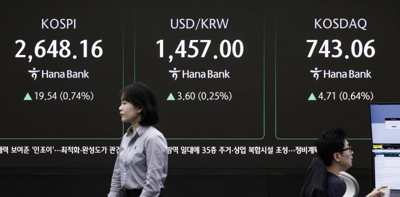 20일 오전 서울 중구 하나은행 딜링룸의 전광판에 이날 거래를 시작한 코스피, 원-달러 환율, 코스닥 지수가 표시돼 있다. 코스피지수는 2640대에서 강세로 출발했다. 코스닥지수도 740대에서 거래 중이다. 연합뉴스 제공.