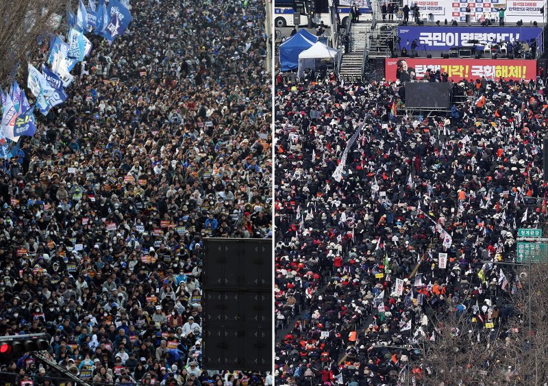 법원의 윤석열 대통령 구속 취소 결정 이후 첫 주말인 지난 8일 서울 도심 곳곳에서 윤 대통령 탄핵 찬반 집회가 열렸다. 사진 왼쪽은 종로구 안국동에서 열린 찬성집회 '야5당 공동 윤석열 파면 촉구 2차 범국민대회'. 오른쪽은 광화문 광장에서 열린 탄핵 반대집회'자유통일을 위한 국민대회'. 2025.3. /사진=뉴스1