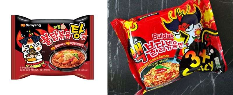 <span id='_stock_code_003230' data-stockcode='003230'>삼양식품</span> 불닭볶음면(왼쪽)과 '짝퉁' 불닭볶음면. /사진=삼양식품 홈페이지, 서경덕 교수