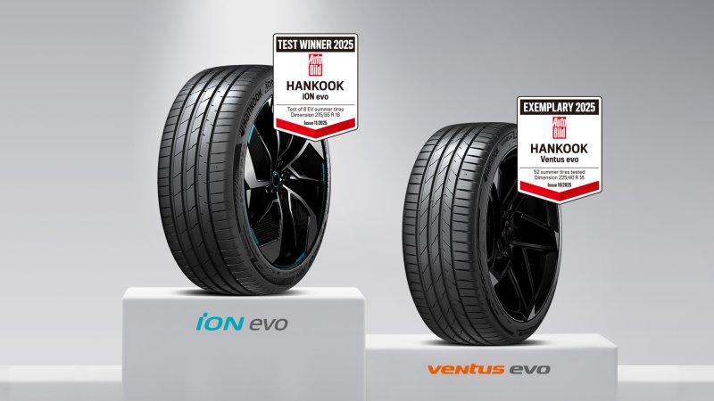 한국타이어앤테크놀로지(한국타이어)의 전기차 전용 퍼포먼스 타이어 '아이온 에보'(왼쪽), 초고성능 퍼포먼스 타이어 '벤투스 에보'. 한국타이어 제공