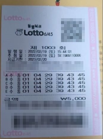 지난 '제 1003회 로또' 당첨 용지. 수동으로 1등 번호 5개를 찍었다. 출처=온라인 커뮤니티 갈무리, 뉴스1