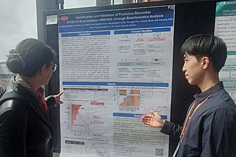 미국 보스턴에서 열린 ‘제24회 바이오 IT 월드 컨퍼런스 &amp; 엑스포에서 <span id='_stock_code_128940' data-stockcode='128940'>한미약품</span>의 차세대 표적항암 혁신신약 ‘EZH1/2 이중 저해제(HM97662)’ 연구결과가 포스터 발표되고 있다. 한미약품 제공