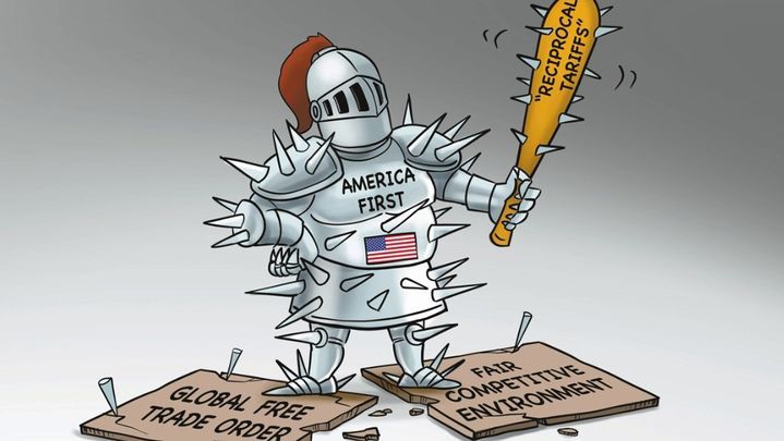 중국 관영 글로벌타임스가 6일 미국의 상호 관세를 비판하는 사설과 함께 올린 삽화. '상호 관세' 몽둥이를 든 미국이 자유무역질서와 공정경쟁 환경을 짓밟고 있는 모습을 형상화했다. 글로벌타임스 웹사이트 뉴시스