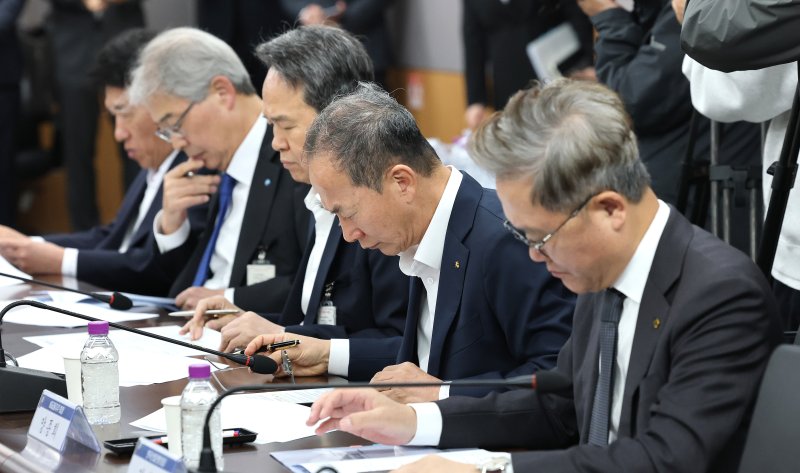 함영주 <span id='_stock_code_086790' data-stockcode='086790'>하나금융지주</span> 회장, 임종룡 <span id='_stock_code_316140' data-stockcode='316140'>우리금융지주</span> 회장, 진옥동 신함금융지주 회장, 양종희 KB금융지주 회장, 강석훈 한국산업은행 회장 등이 7일 오전 서울 종로구 정부서울청사에서 열린 금융상황 점검회의에 참석했다. 뉴스1