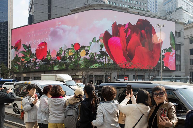 서울 중구 <span id='_stock_code_004170' data-stockcode='004170'>신세계</span>스퀘어의 대형 파사드에 국립중앙박물관과 협업해 탄생한 한국 문화 유산 미디어 아트인 '모란꽃이 피오니' 영상이 상영되고 있다. 신세계백화점 제공
