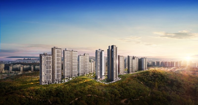 현대엔지니어링과 포스코이앤씨 컨소시엄이 짓는 경북 포항시 남구 '힐스테이트 더샵 상생공원 1단지' 항공 광역조감도. 컨소시엄 제공