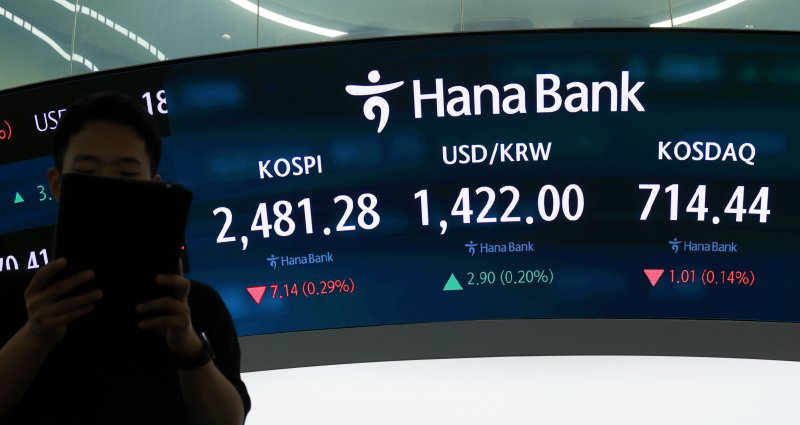 22일 서울 중구 하나은행 본점 딜링룸에서 딜러들이 업무를 보고 있다. 연합뉴스 제공