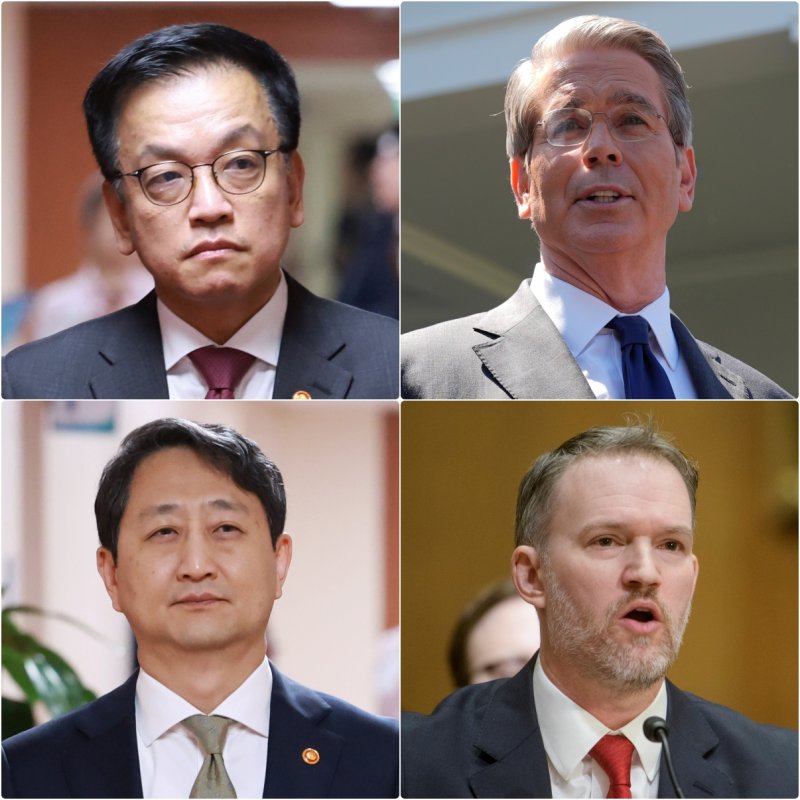 [세종&#x3D;뉴시스] 정부가 이번주 중 미국 측과 통상 문제 관련 고위급 협상에 나선다. 사진은 2+2 통상협의에 참석할 예정인 최상목 경제부총리 겸 기획재정부 장관, 안덕근 산업통상자원부 장관, 스콧 베선트 미국 재무장관, 제이미슨 그리어 미국 무역대표부(USTR) 대표. &#x2F;사진&#x3D;뉴시스