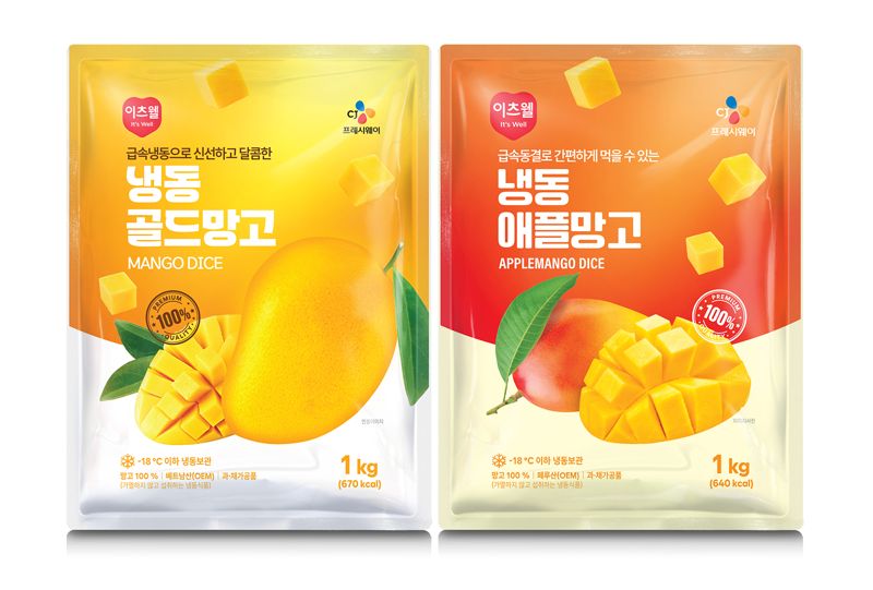 냉동골드망고(왼쪽)와 냉동애플망고 제품. <span id='_stock_code_051500' data-stockcode='051500'>CJ프레시웨이</span> 제공 