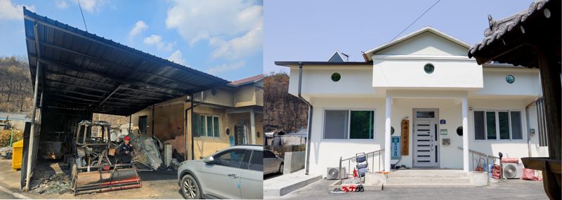 경북 의성군 구계2리 경로당 복구 전후 사진. <span id='_stock_code_053690' data-stockcode='053690'>한미글로벌</span> 제공