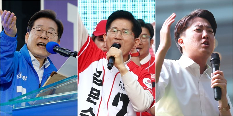2025년도 대선 공식 선거운동이 시작된 지난 12일 더불어민주당 이재명 후보, 국민의힘 김문수 후보, 개혁신당 이준석 후보(왼쪽부터)가 지지를 호소하는 연설을 하고 있다. 연합뉴스