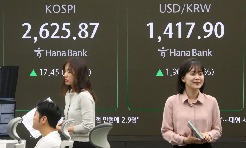 14일 오전 서울 중구 하나은행 딜링룸 전광판에 지수가 표시 되고 있다. /사진=뉴시스