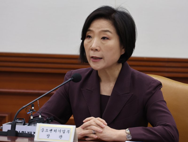 오영주 중소벤처기업부 장관이 14일 오전 서울 종로구 정부서울청사에서 열린 경제관계장관회의 겸 산업경쟁력강화 관계장관회의에 참석해 발언하고 있다. 뉴시스화상