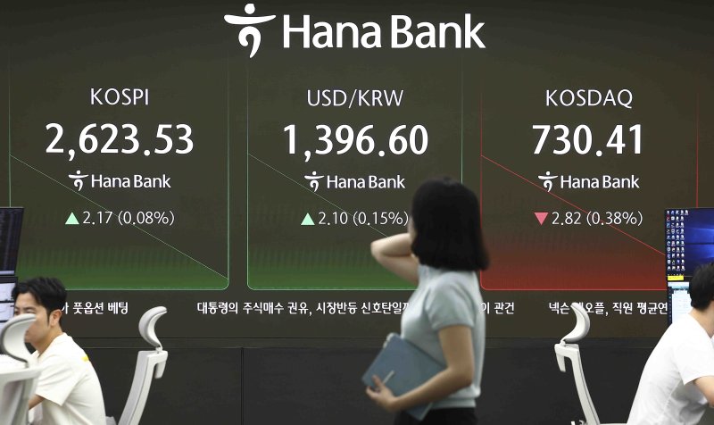 16일 서울 중구 하나은행 본점 딜링룸에 지수가 나오고 있다. /사진=뉴시스