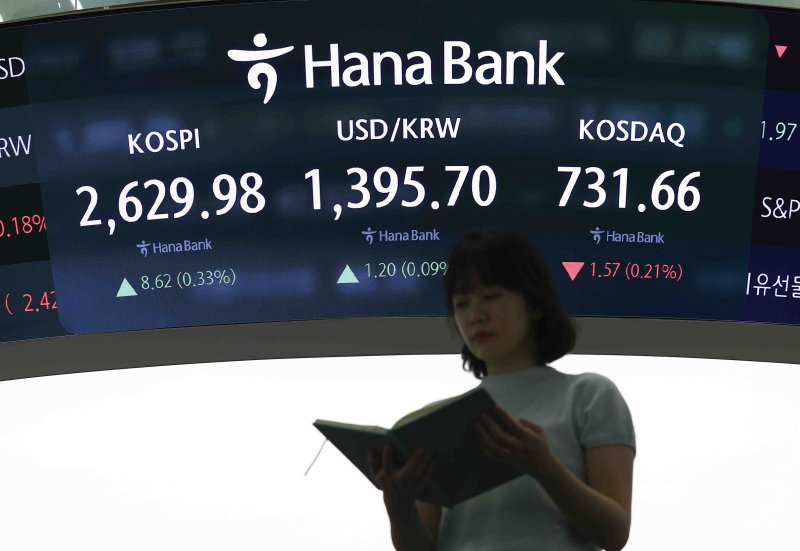 16일 서울 중구 하나은행 본점 딜링룸에 지수가 나오고 있다. /사진=뉴시스