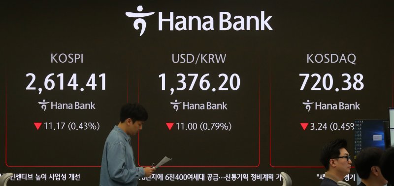 22일 오전 서울 중구 하나은행 딜링룸 전광판에 지수가 표시 되고 있다. /사진=뉴시스