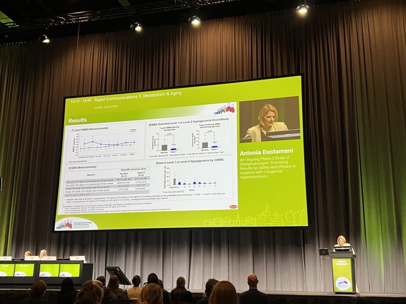 지난 11일 덴마크 코펜하겐에서 열린 유럽소아내분비학회(ESPE) 및 유럽내분비학회(ESE) 공동 학술대회에서 에페거글루카곤에 대한 임상 2상 중간 분석 결과를 영국 연구자인 안토니아 다스타마니 박사가 발표하고 있다. <span id='_stock_code_128940' data-stockcode='128940'>한미약품</span> 제공
