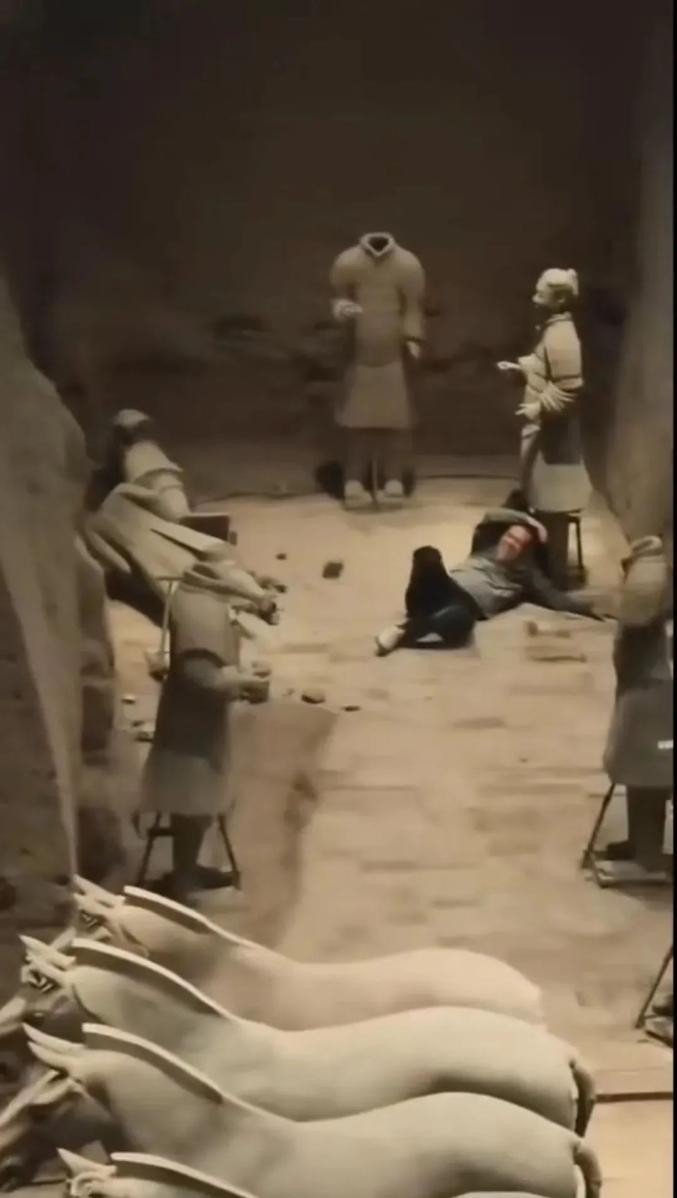 중국 시안의 병마용 박물관 3호갱 아래로 중국 <span id='_stock_code_004270' data-stockcode='004270'>남성</span>이 진입해 유물을 파손시키고 누워있다. 연합뉴스