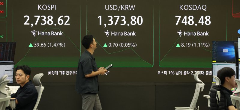 4일 오전 서울 중구 하나은행 본점 딜링룸에서 딜러들이 업무를 수행하고 있다. 뉴시스 제공